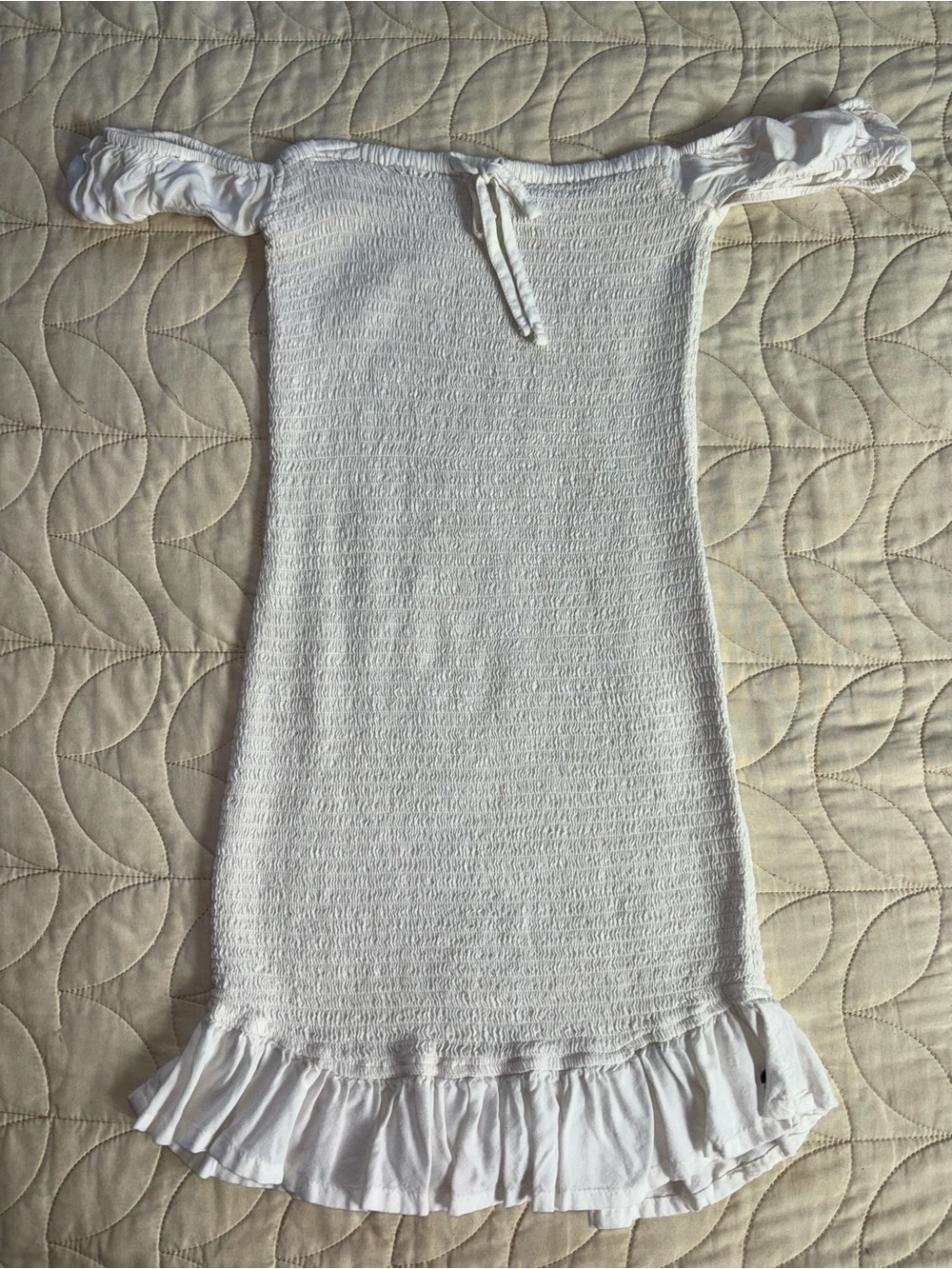 Roxy White Off-Shoulder Smocked Ruffle Hem Dress